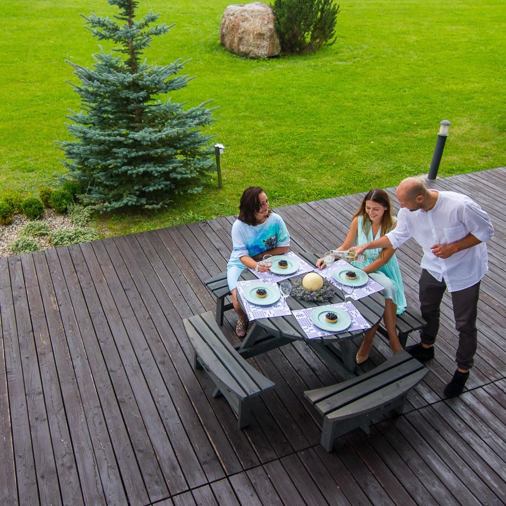 8 Seater Round Wooden Picnic Table with Benches Parasol Hole 180cm