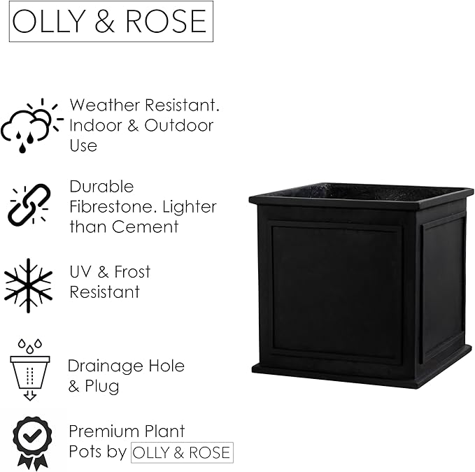 40cm Black Plant Pot Large Fibrestone Planter Indoor Outdoor