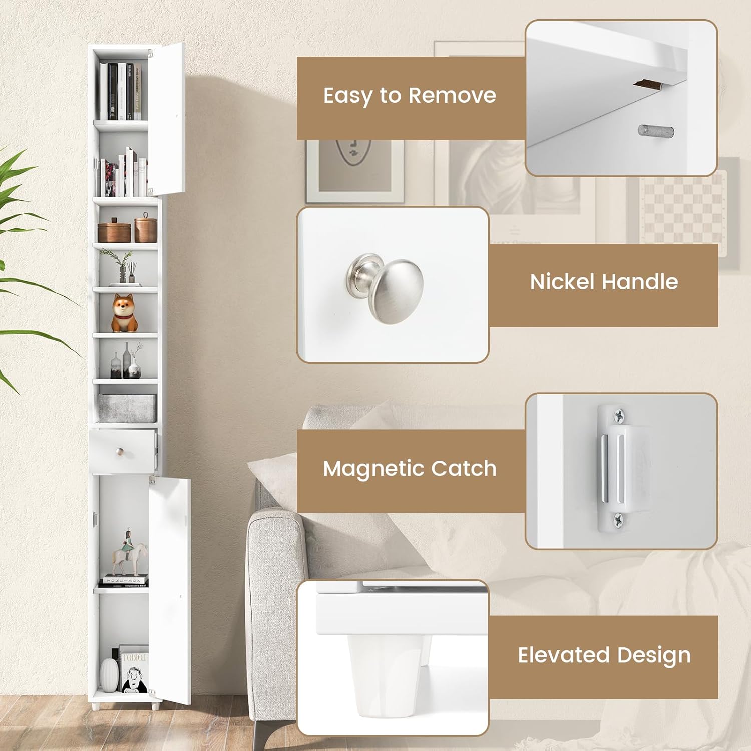 Tall Slim Storage Cabinet White Drawer Adjustable Shelf Unit