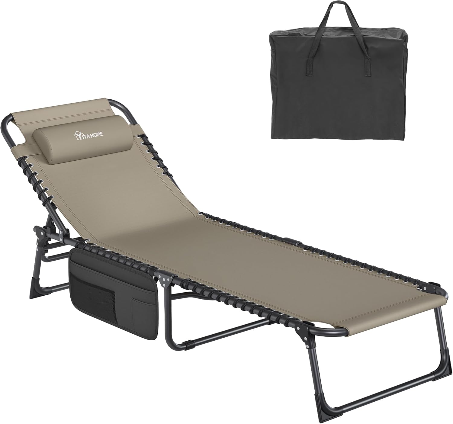 Folding Sun Lounger Khaki 4 Position Recliner