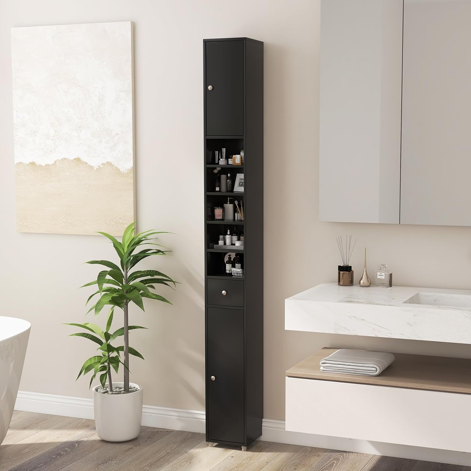 Tall Slim Storage Cabinet Black Drawer Adjustable Shelf Unit