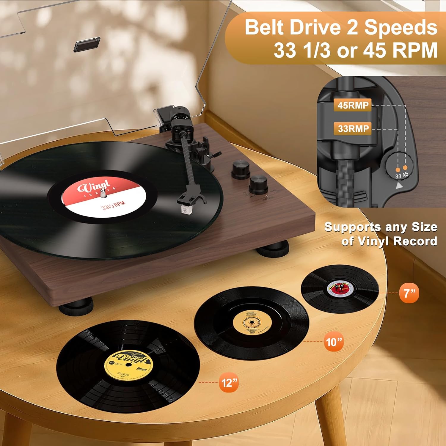 Bluetooth Vinyl Turntable Record Player 33/45 RPM Wood Speakers