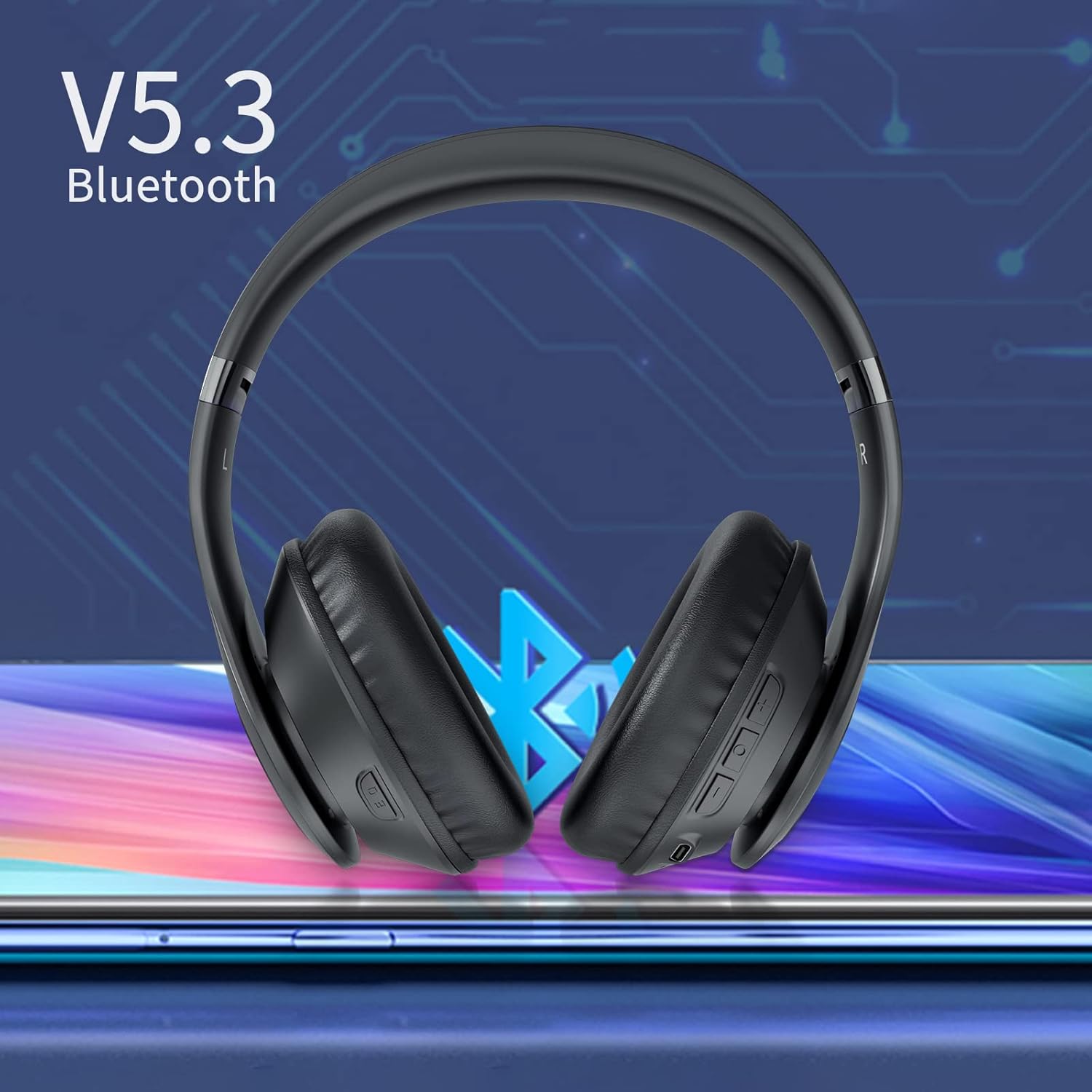 Wireless Bluetooth Over Ear Headphones 65Hr Battery 6 EQ Modes Black