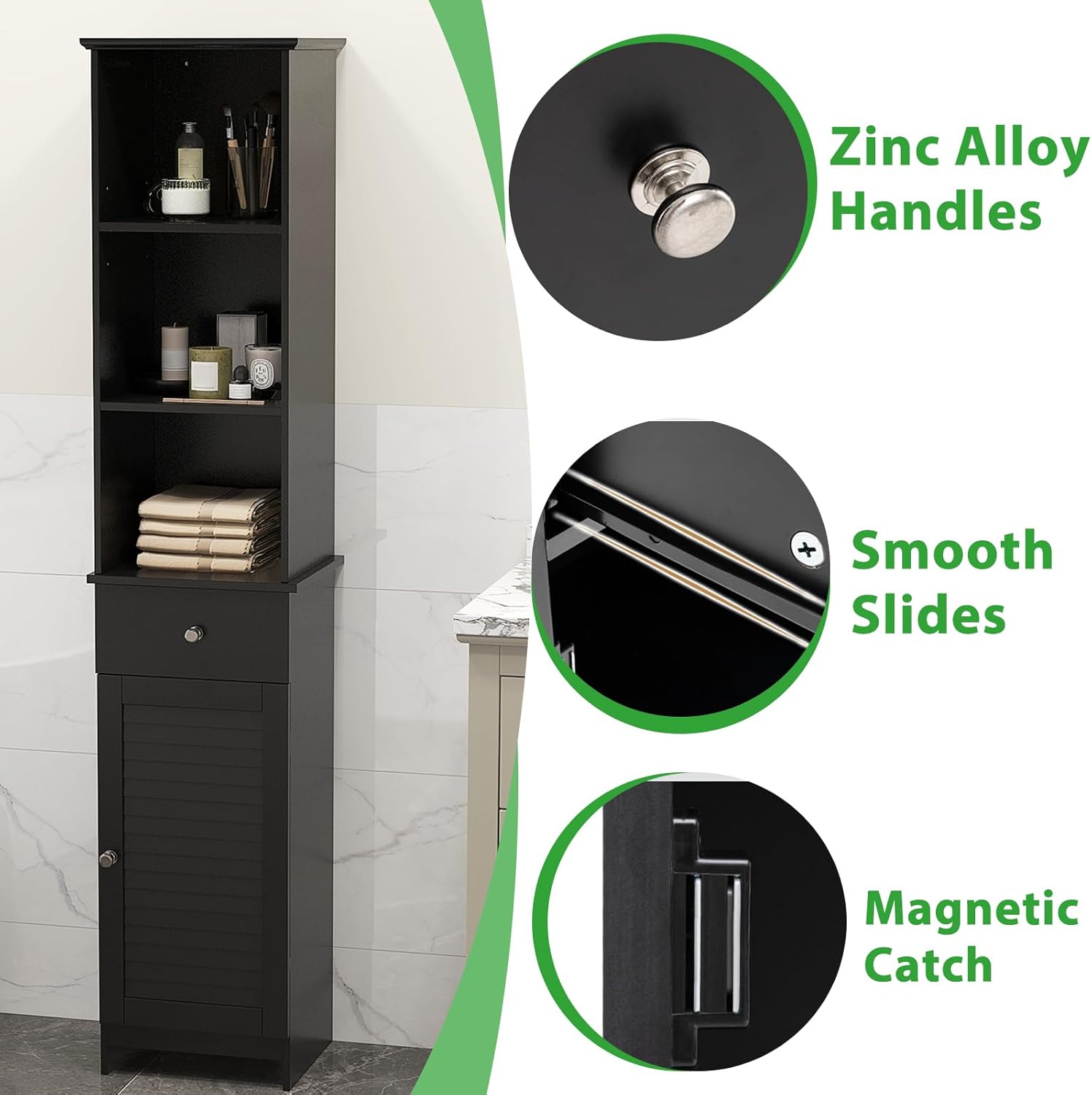 Slim Bathroom Tall Cabinet Drawer Shelf Cupboard Black