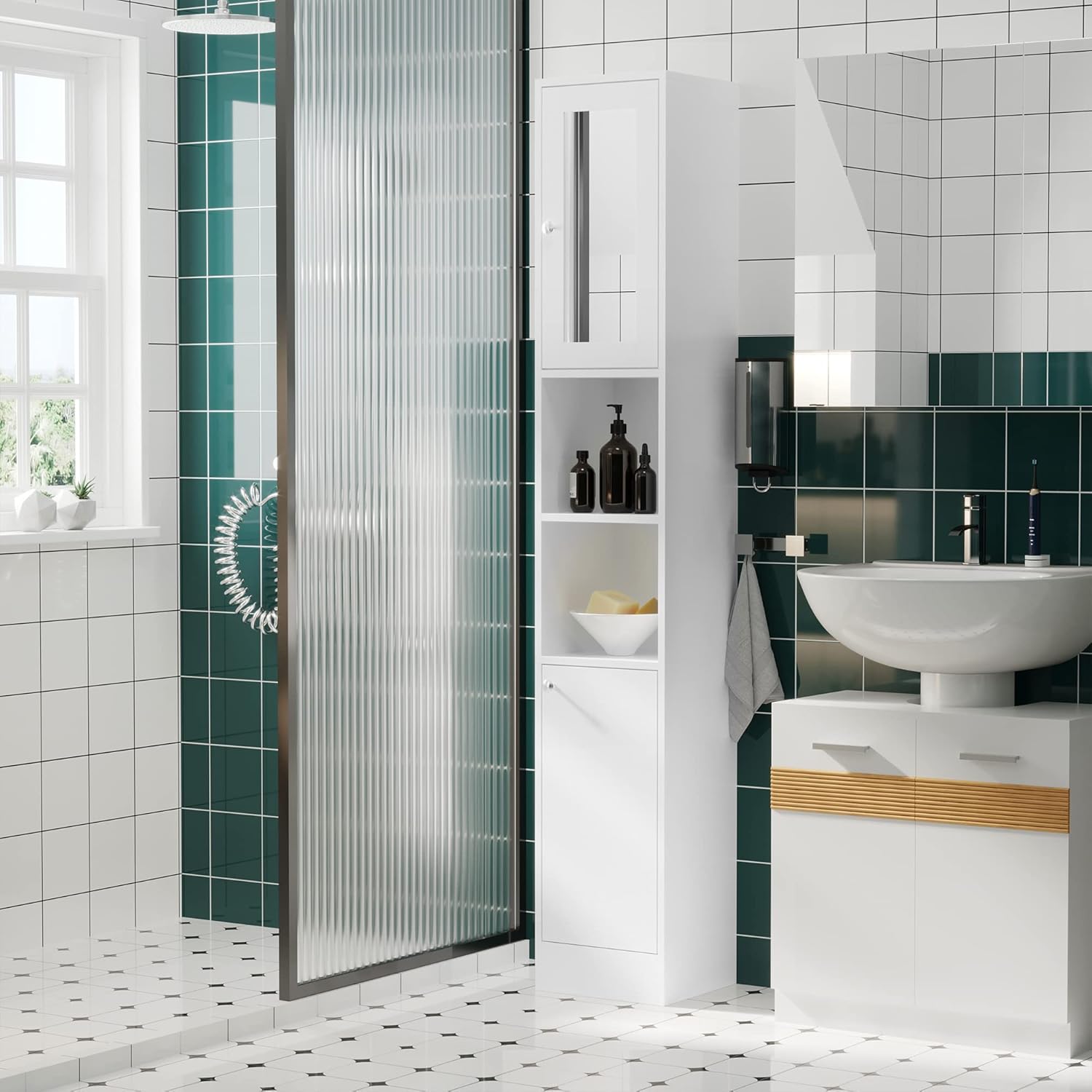 Tall Bathroom Storage Cabinet with Mirror Adjustable Shelves White