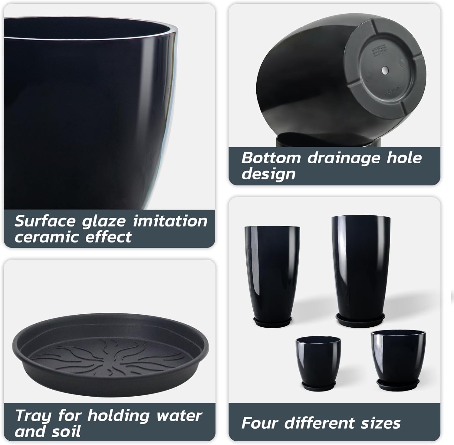 Plant Pots Set of 4 Black Tall Planters 25 30 35cm Indoor Outdoor