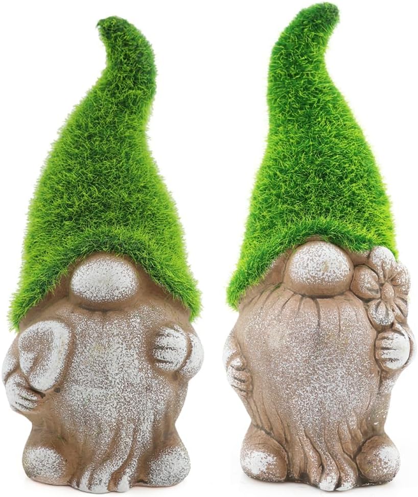 2PCS Garden Gnome Mossy Hat Stone Effect Statues Outdoor Decor