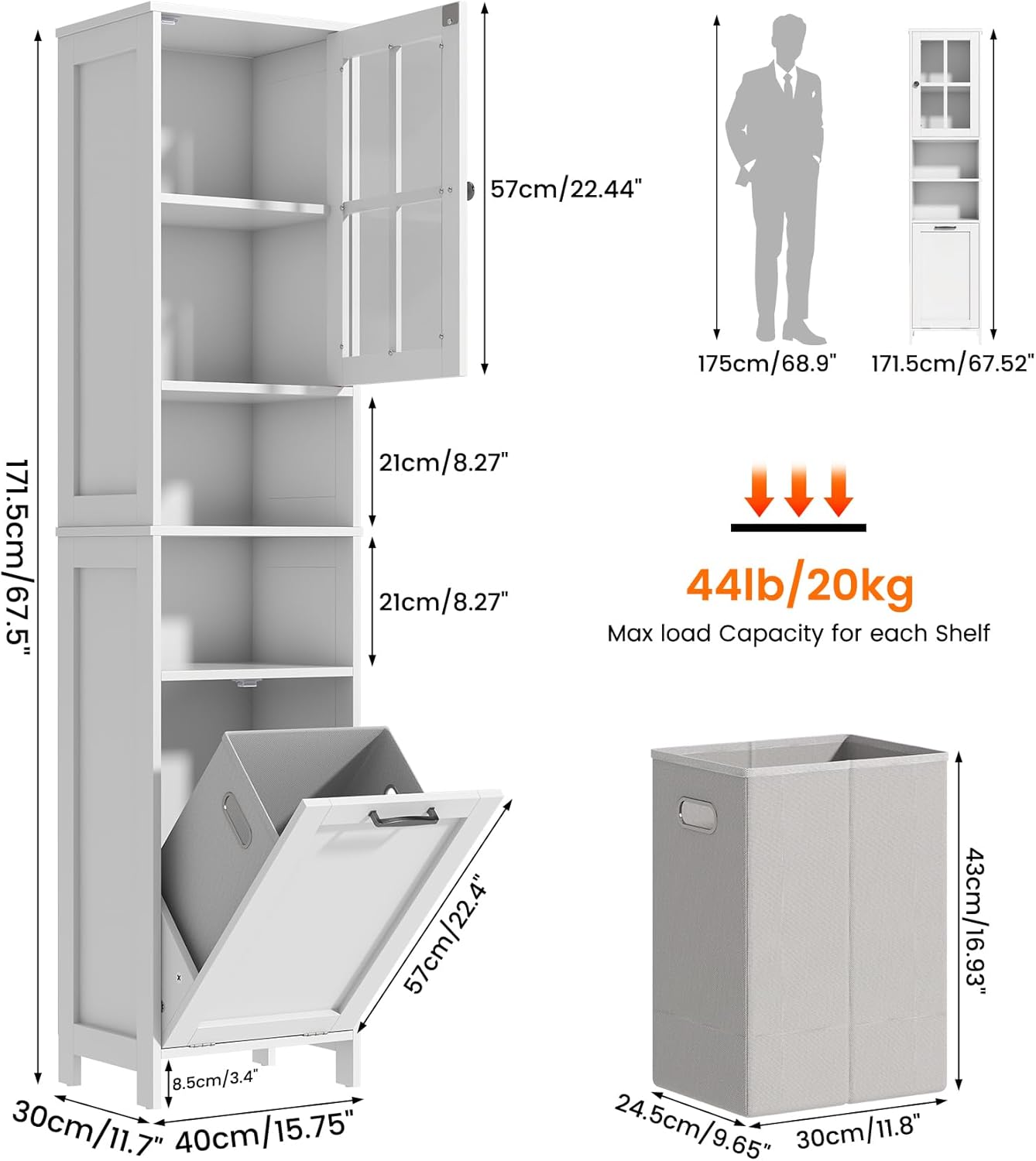 Tall Bathroom Cabinet White Laundry Basket Shelf Unit