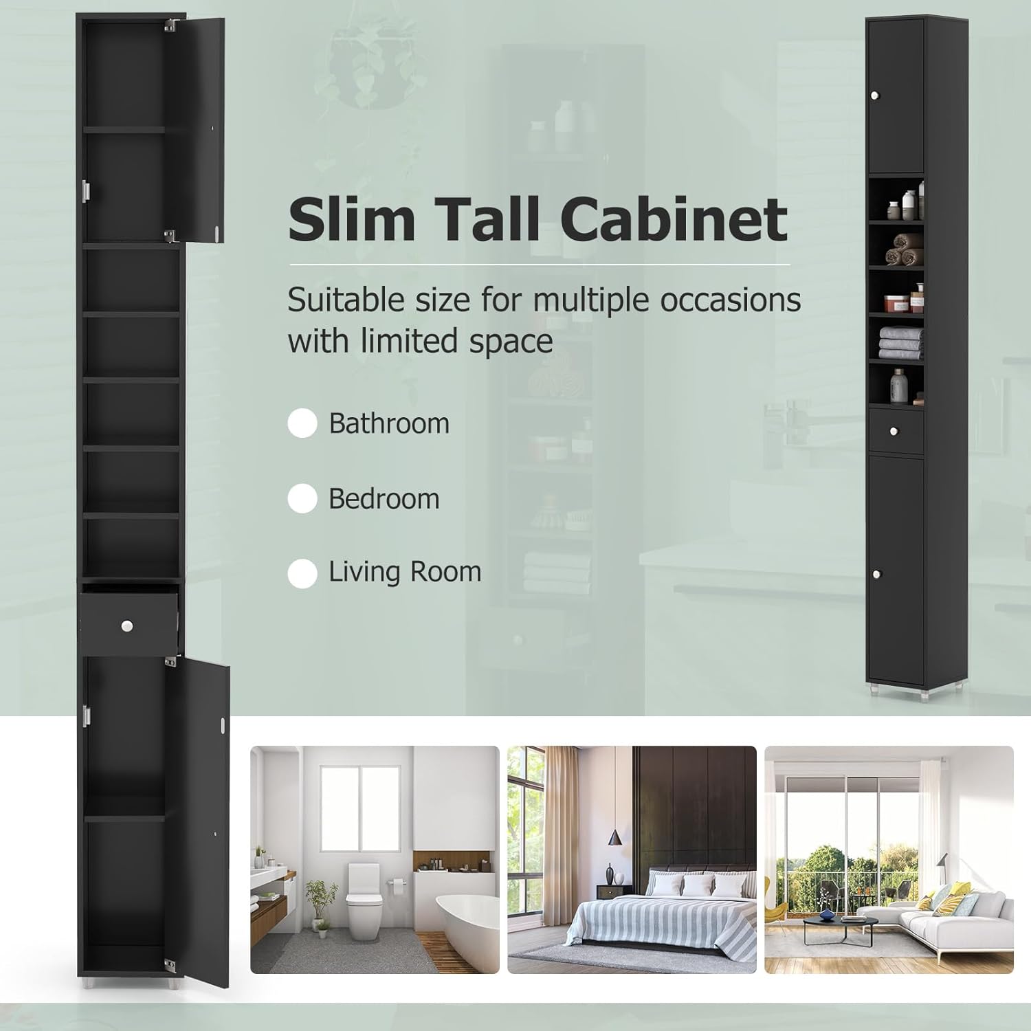 Tall Slim Bathroom Storage Cabinet Drawer Adjustable Shelves Black