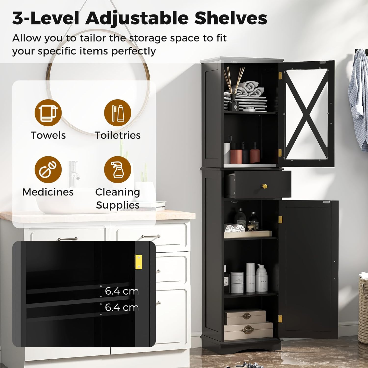 Slim Bathroom Tall Cabinet Drawer 2 Door Shelf Unit Black