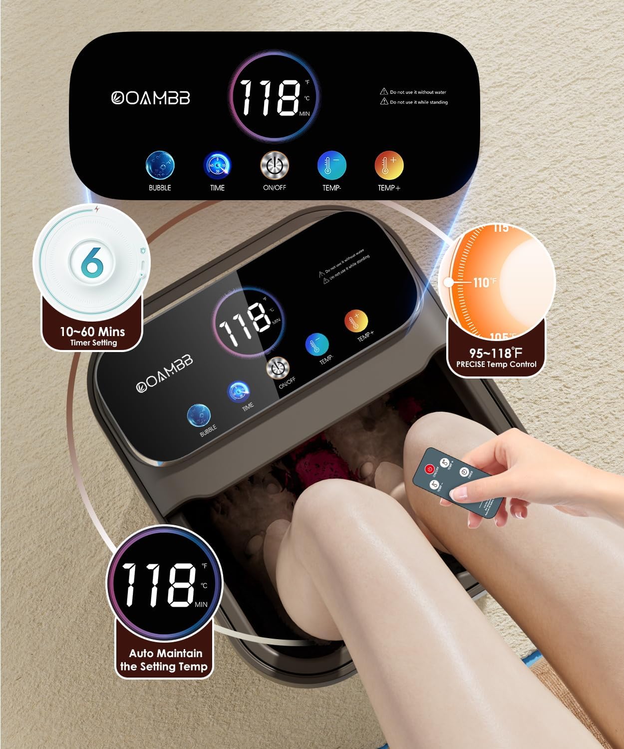 Foldable Foot Spa Bath Heat Bubble Remote Touch Screen Rollers