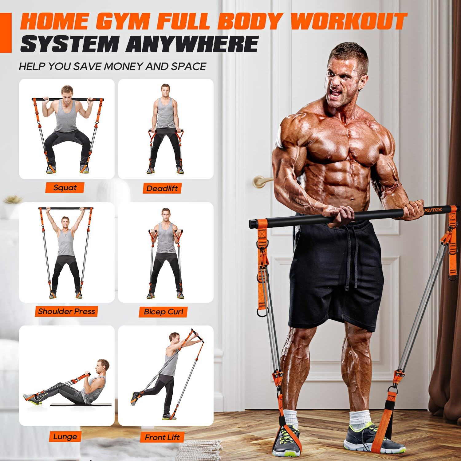 Pilates Bar Kit Resistance Bands Set Portable Home Gym 270lb