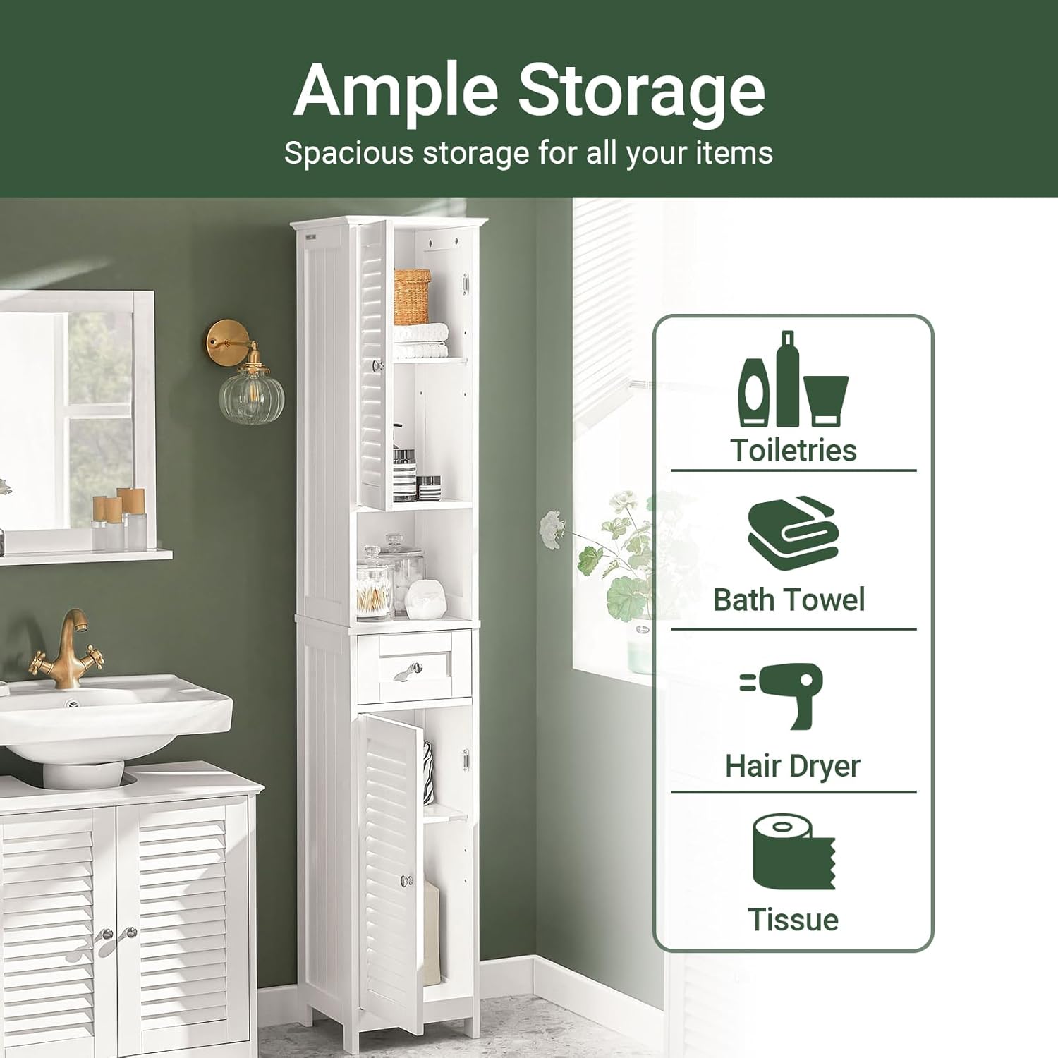 Slim Tall Bathroom Cabinet White Louver Door Storage Cupboard