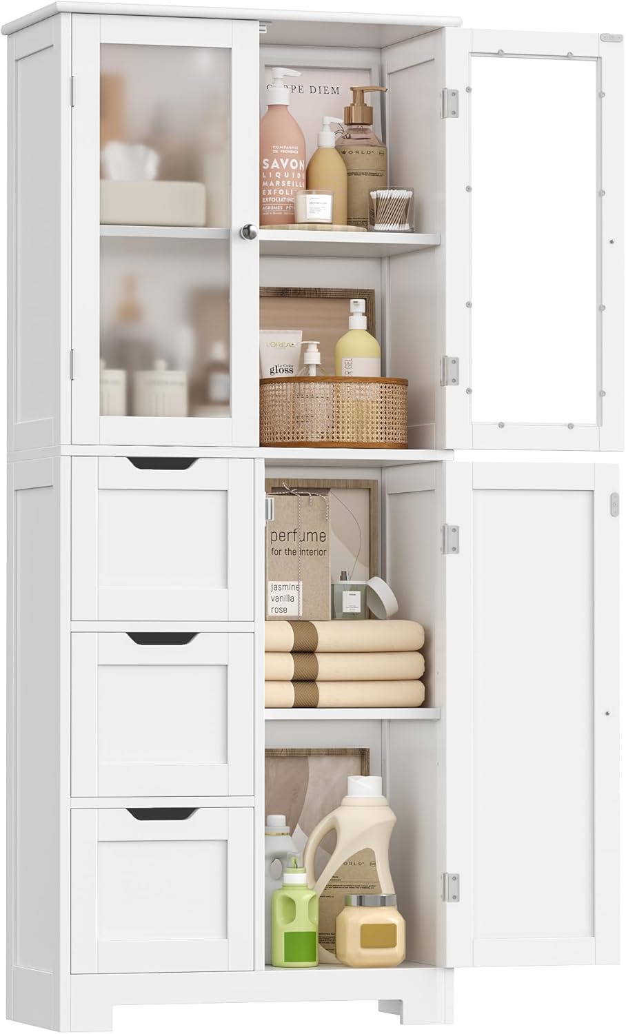 Tall Storage Cabinet White 3 Door 3 Drawer Shelf Unit