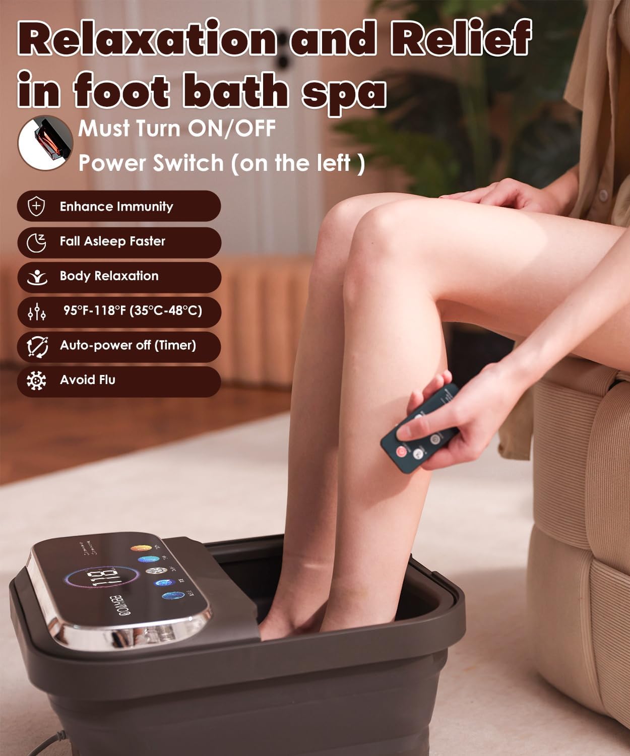 Foldable Foot Spa Bath Heat Bubble Remote Touch Screen Rollers