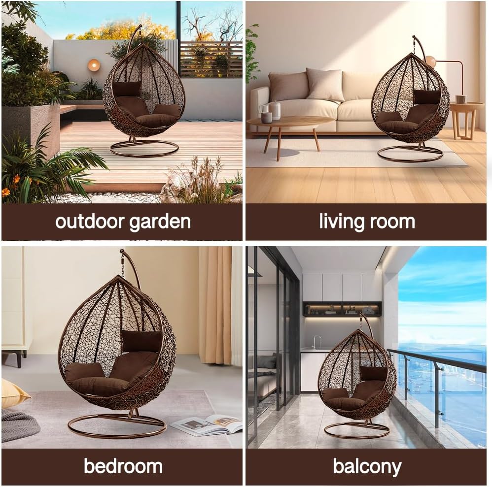 Brown Rattan Egg Swing Chair with Stand Cushion