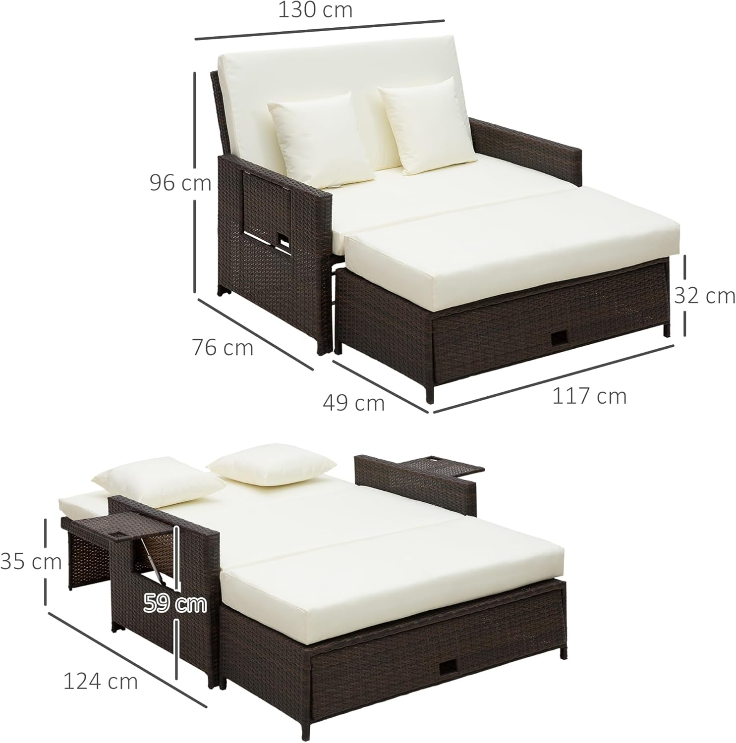 Double Rattan Sun Lounger Daybed Storage Ottoman Brown