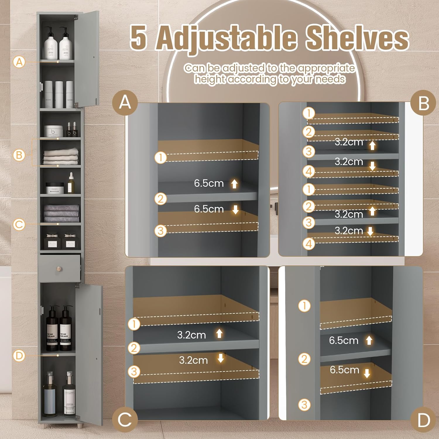 Tall Slim Storage Cabinet Grey Drawer Adjustable Shelf Unit