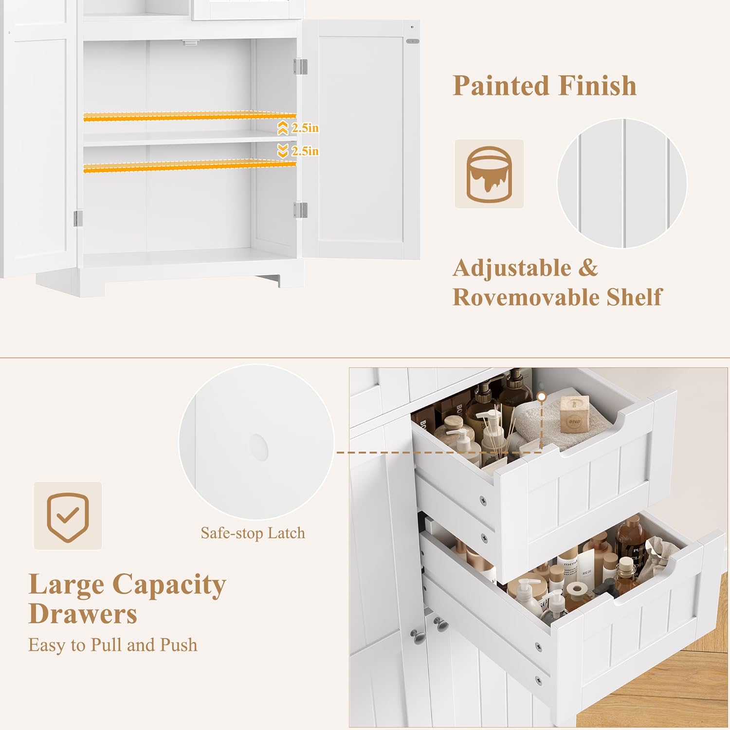 Tall Bathroom Storage Cabinet 2 Drawers Shelves White 164cm