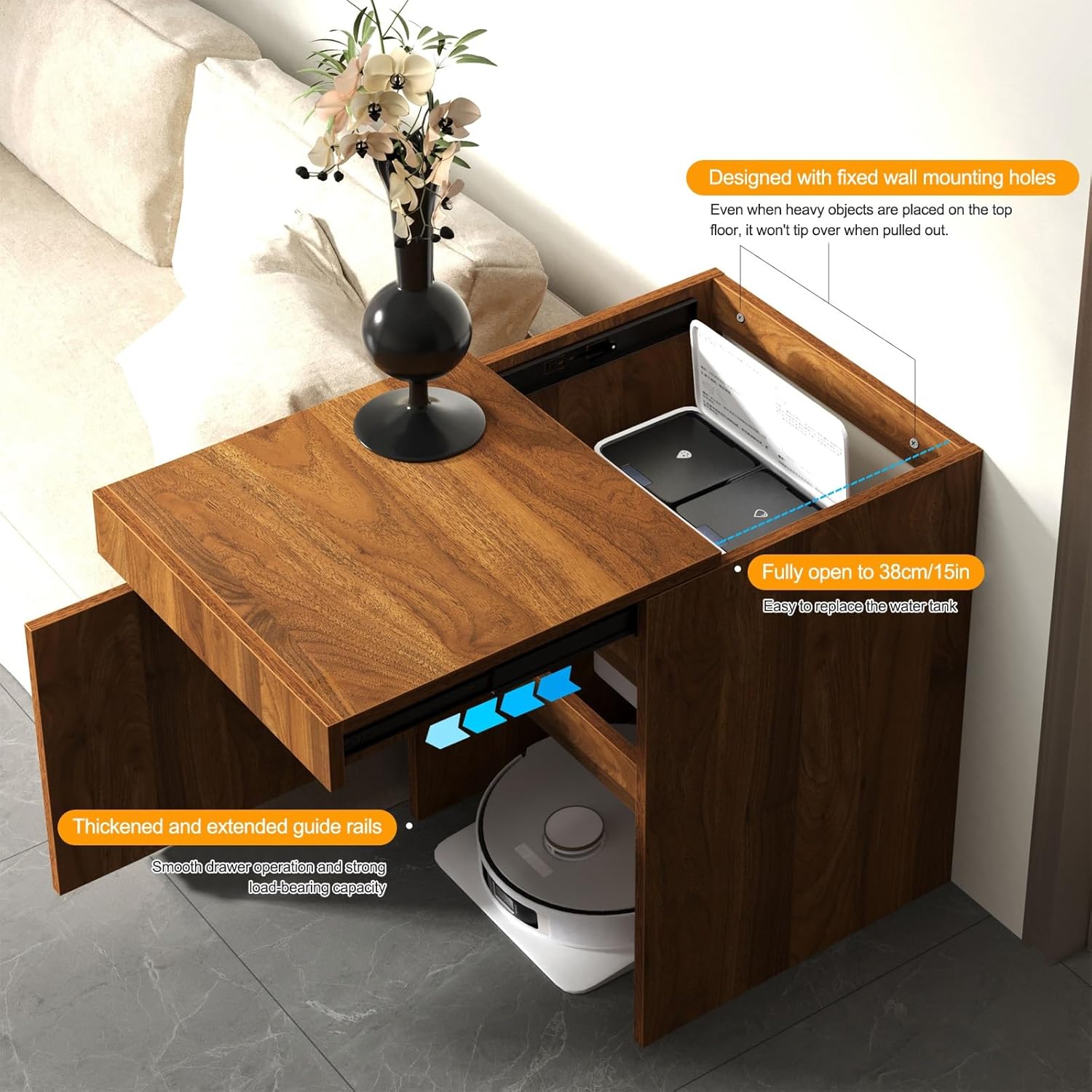 Hidden Robot Vacuum Cabinet Side Table Storage Organizer Pull Out Tray