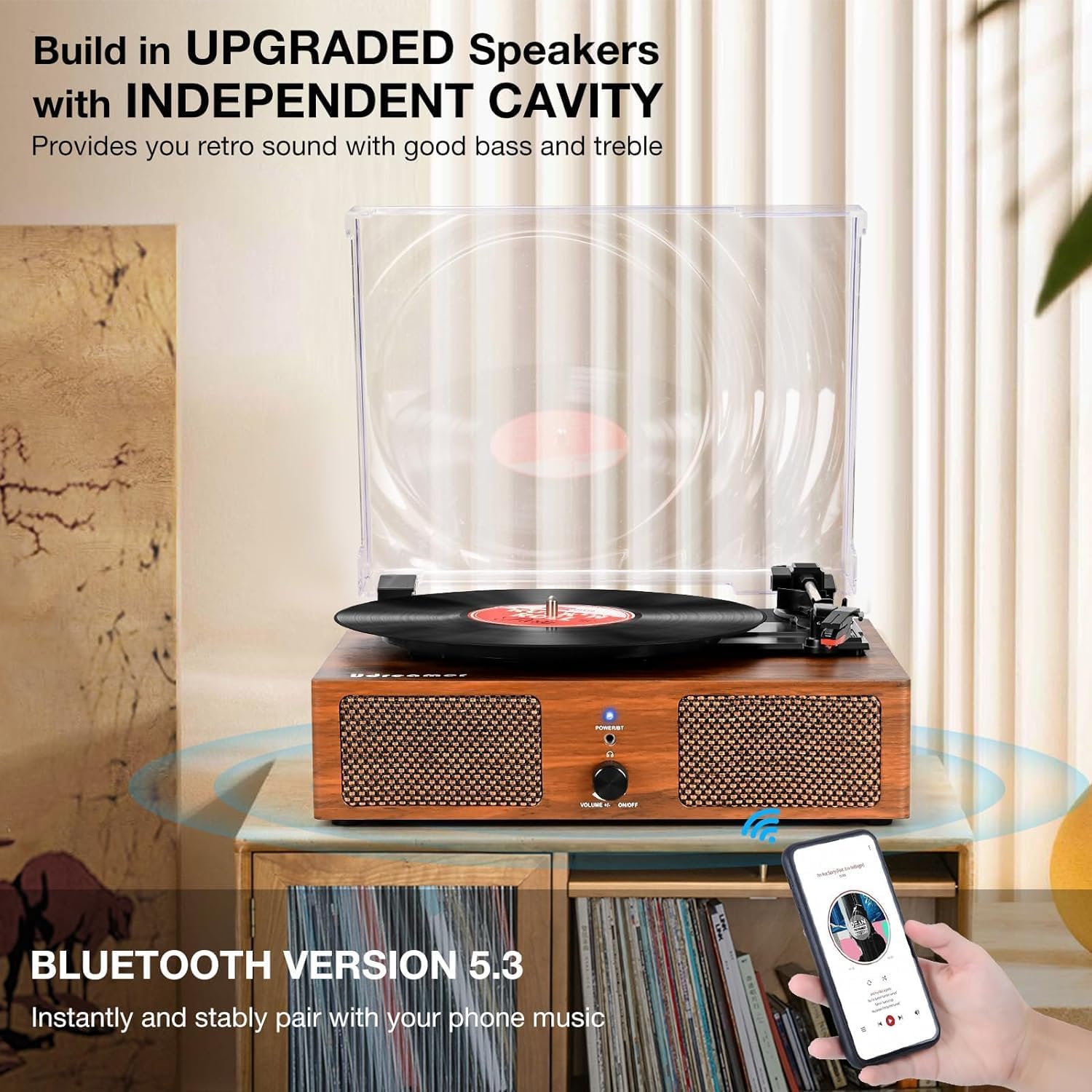 3-Speed Belt-Drive Vinyl Turntable with Built-in Speakers & USB