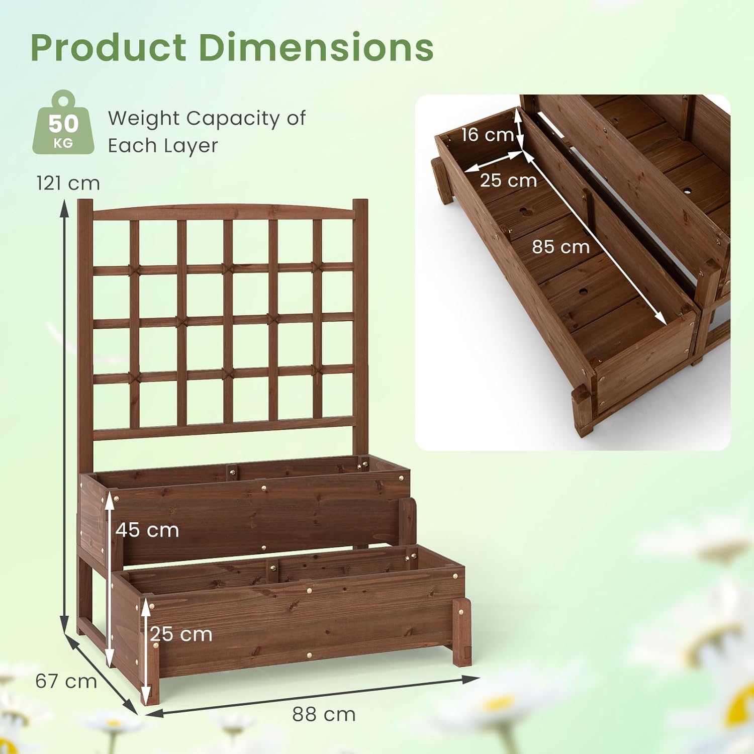 2 Tier Raised Garden Bed with Trellis Wooden Planter 121cm