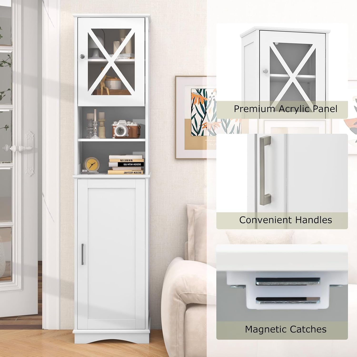 Tall Bathroom Storage Cabinet 2 Door Shelf Unit White