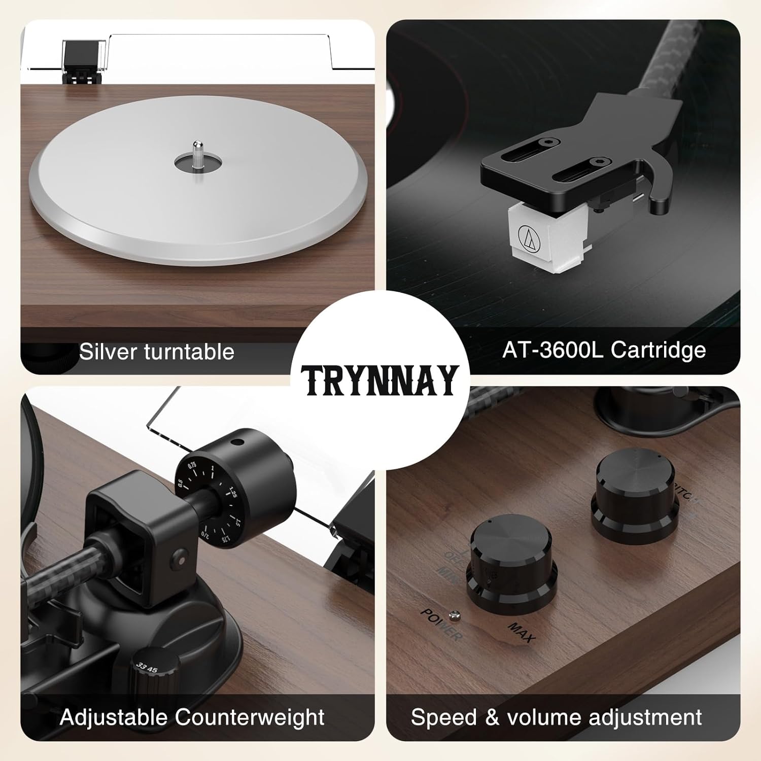 Bluetooth Vinyl Turntable Record Player 33/45 RPM Wood Speakers