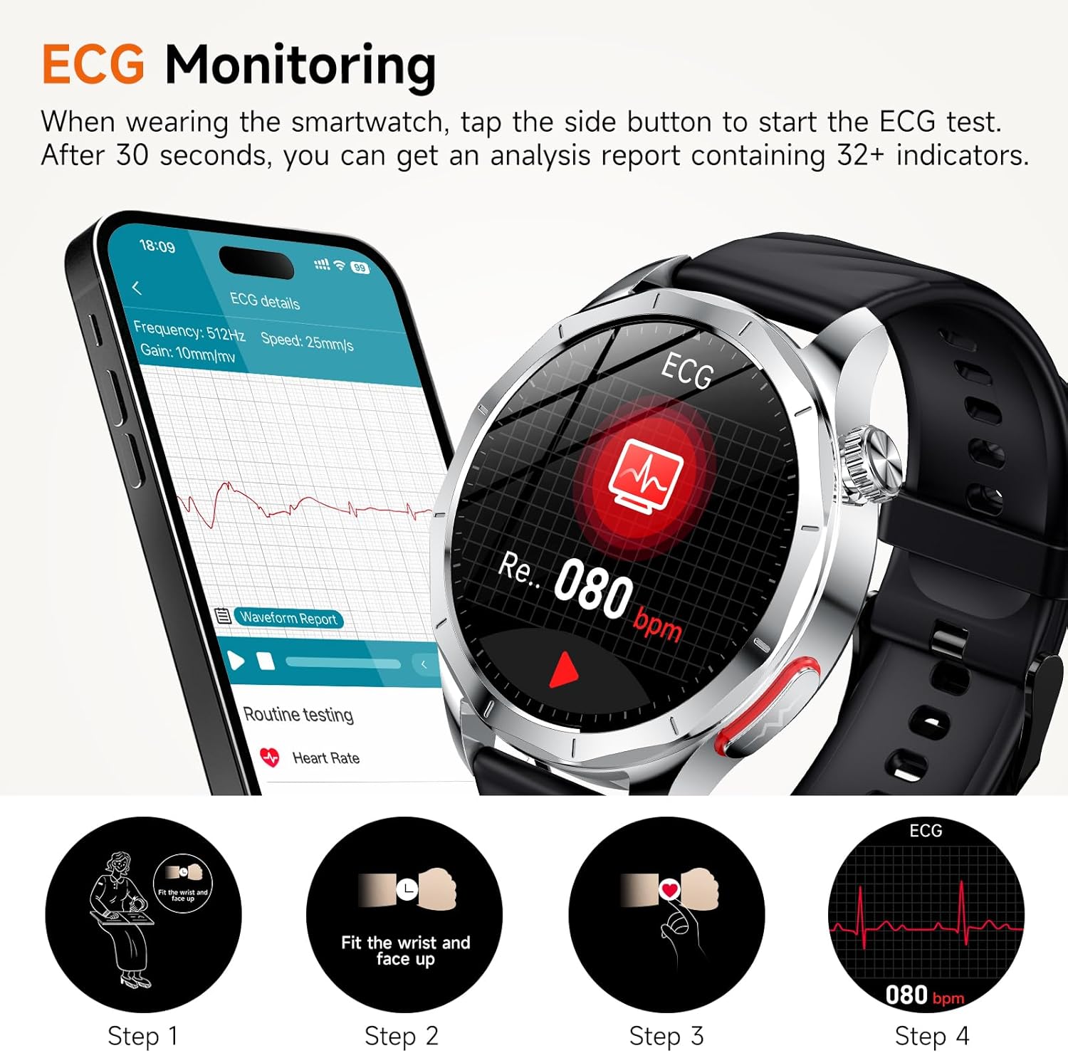 ECG Smart Watch Blood Pressure Call AMOLED SOS