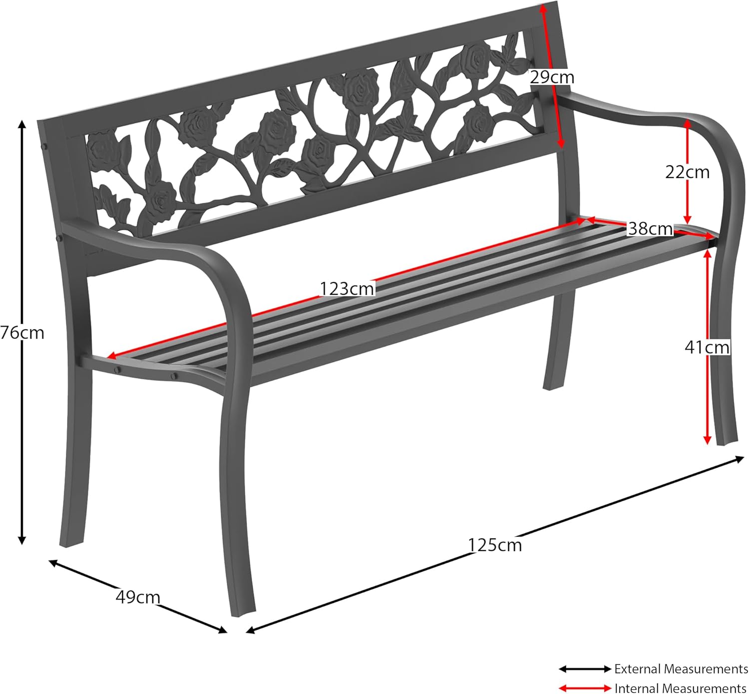 3 Seater Metal Garden Bench Rose Design Outdoor Patio Park Seat