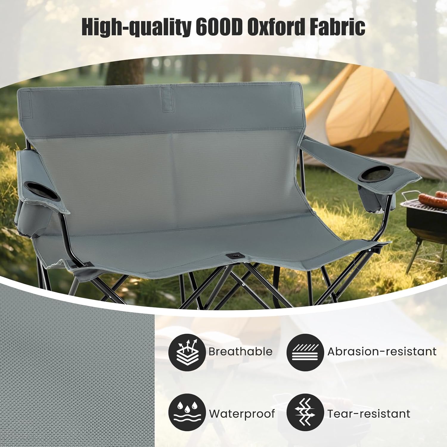 Double Camping Loveseat Chair 300KG Foldable Grey