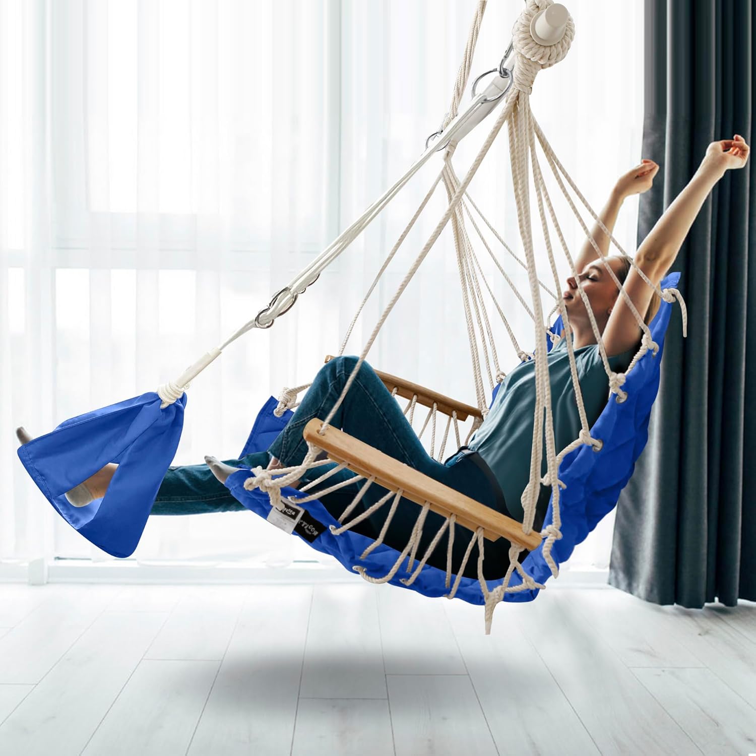 Luxury Hammock Swing Chair with Footrest Headrest Blue