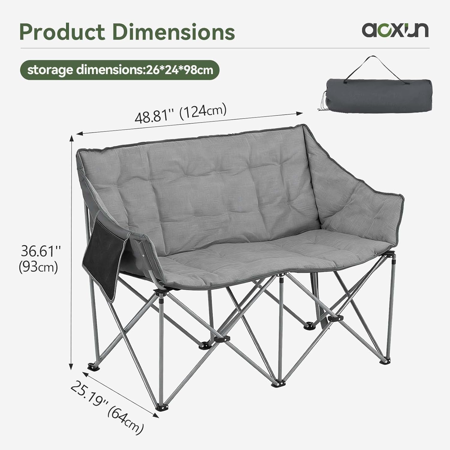 Double Camping Chair 2 Seater Padded Folding Sofa Grey