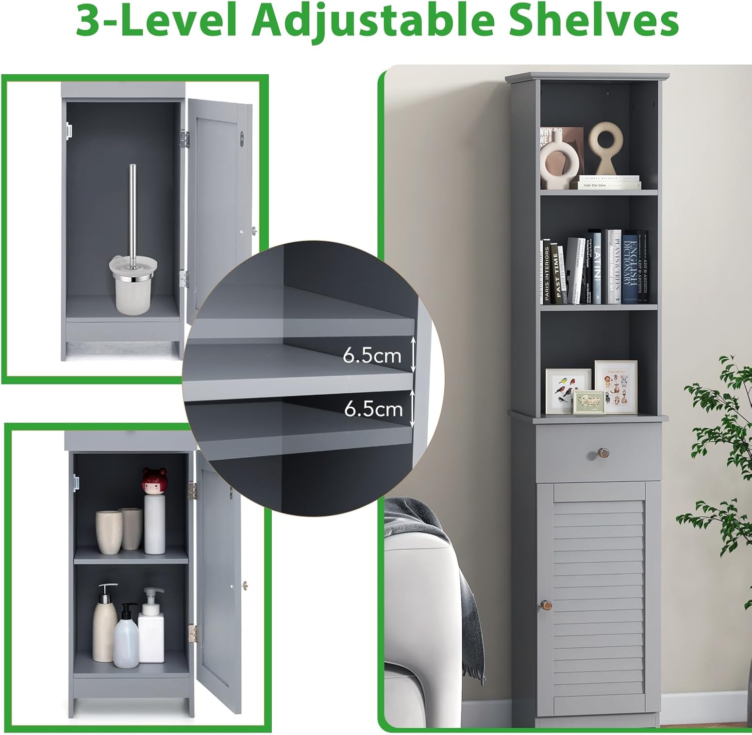 Slim Bathroom Tall Cabinet Drawer Shelf Cupboard Grey
