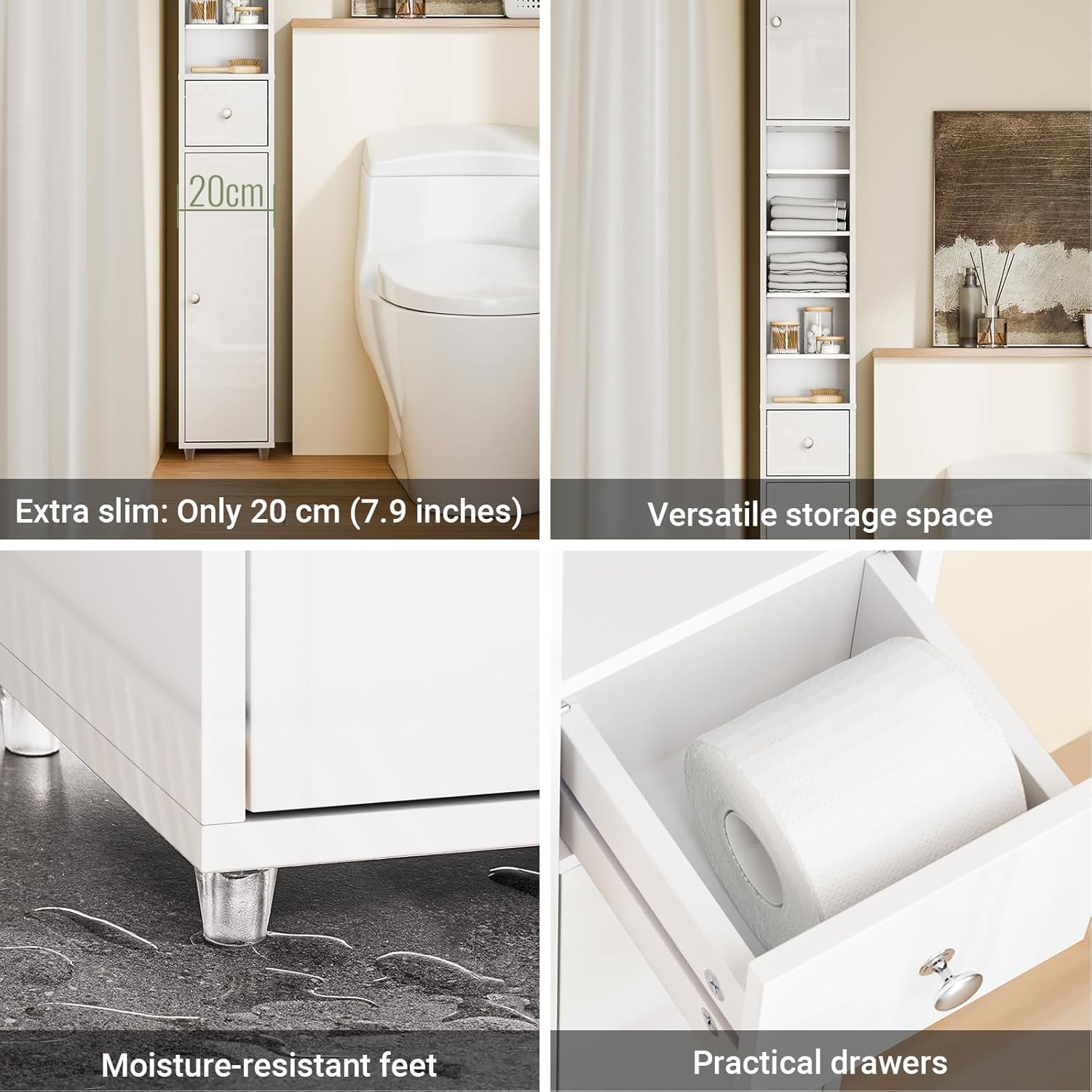 Slim Tall Bathroom Cabinet High Gloss White Drawer 180cm