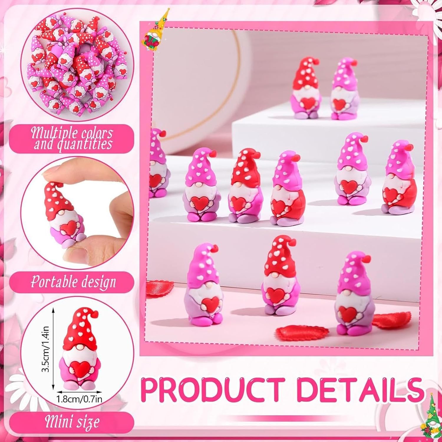 50PCS Valentine Gnome Figurines Mini Heart Decor Bulk Set