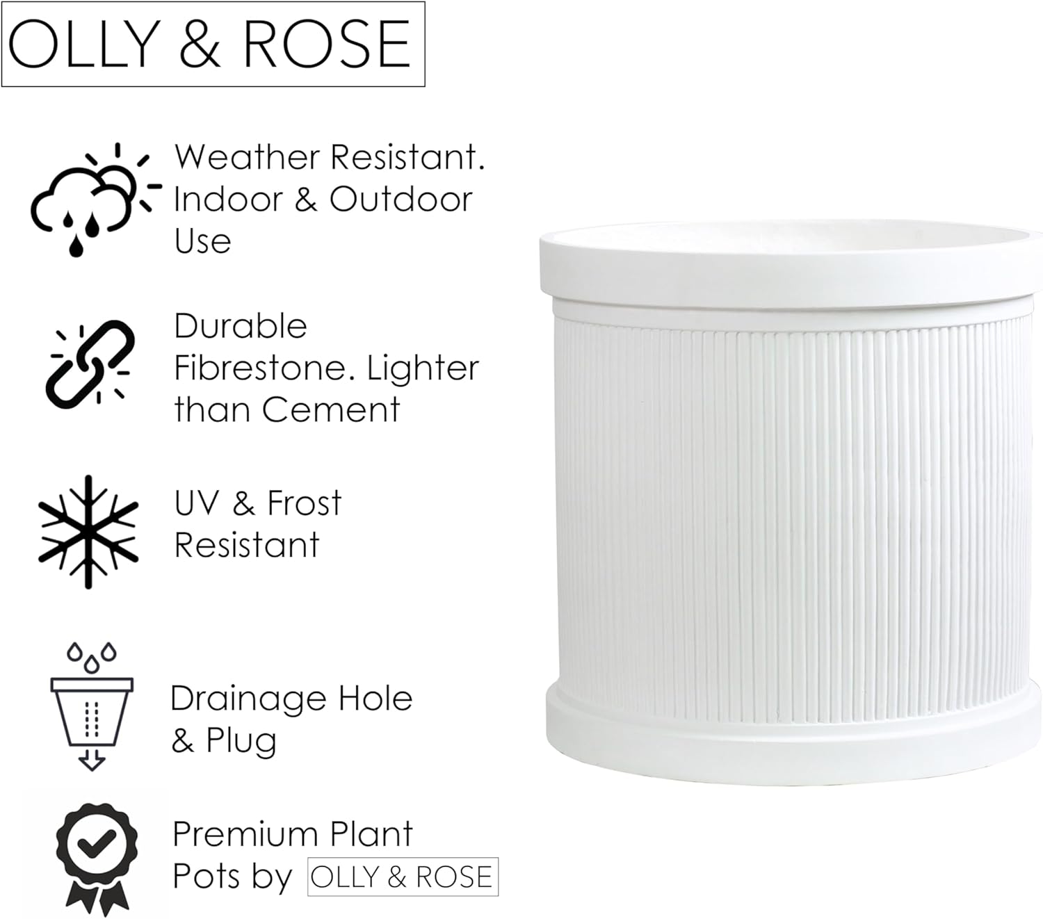45cm White Ribbed Planter XL Fibrestone Large Plant Pot