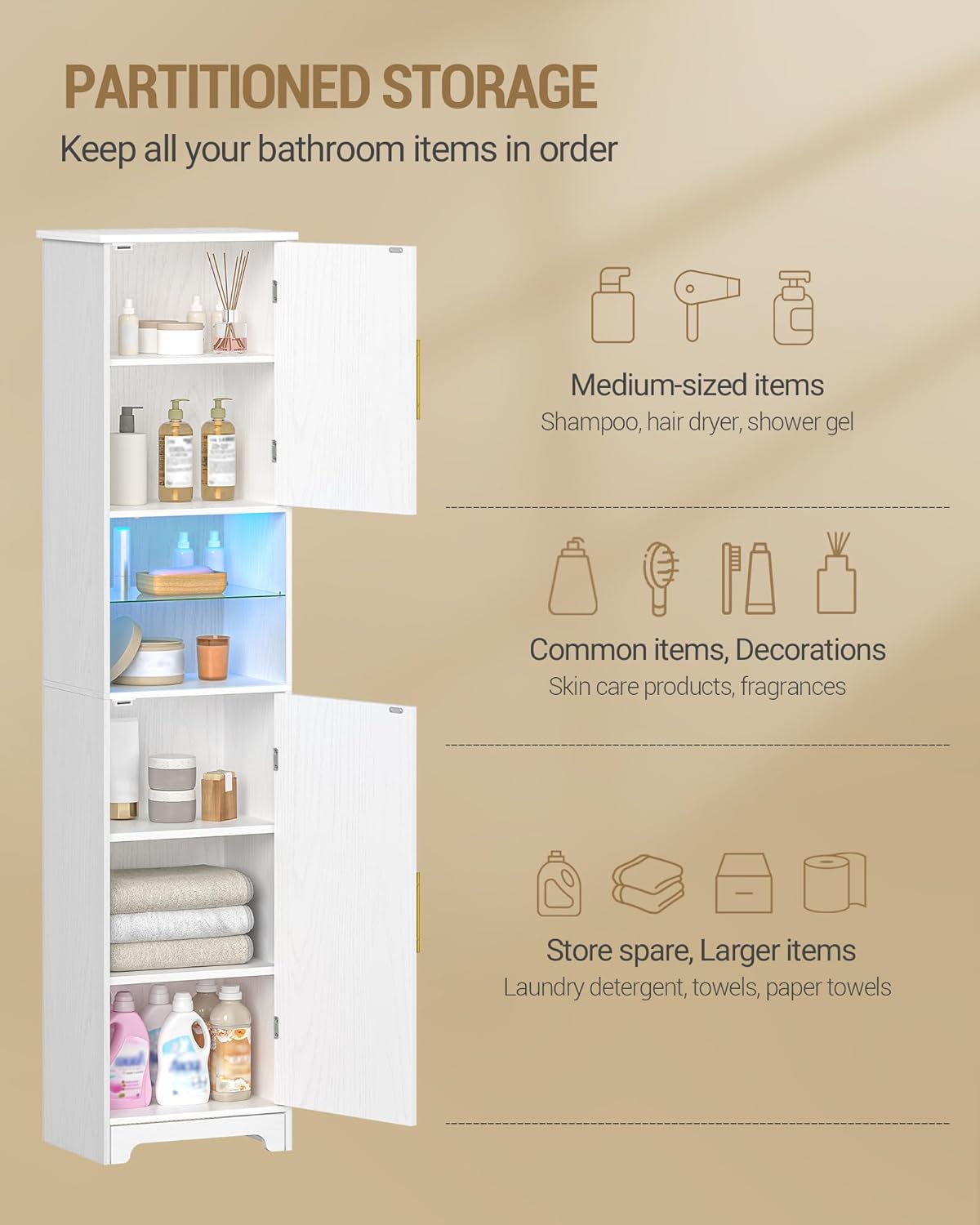 LED Tall Bathroom Storage Cabinet 2 Door White 170cm
