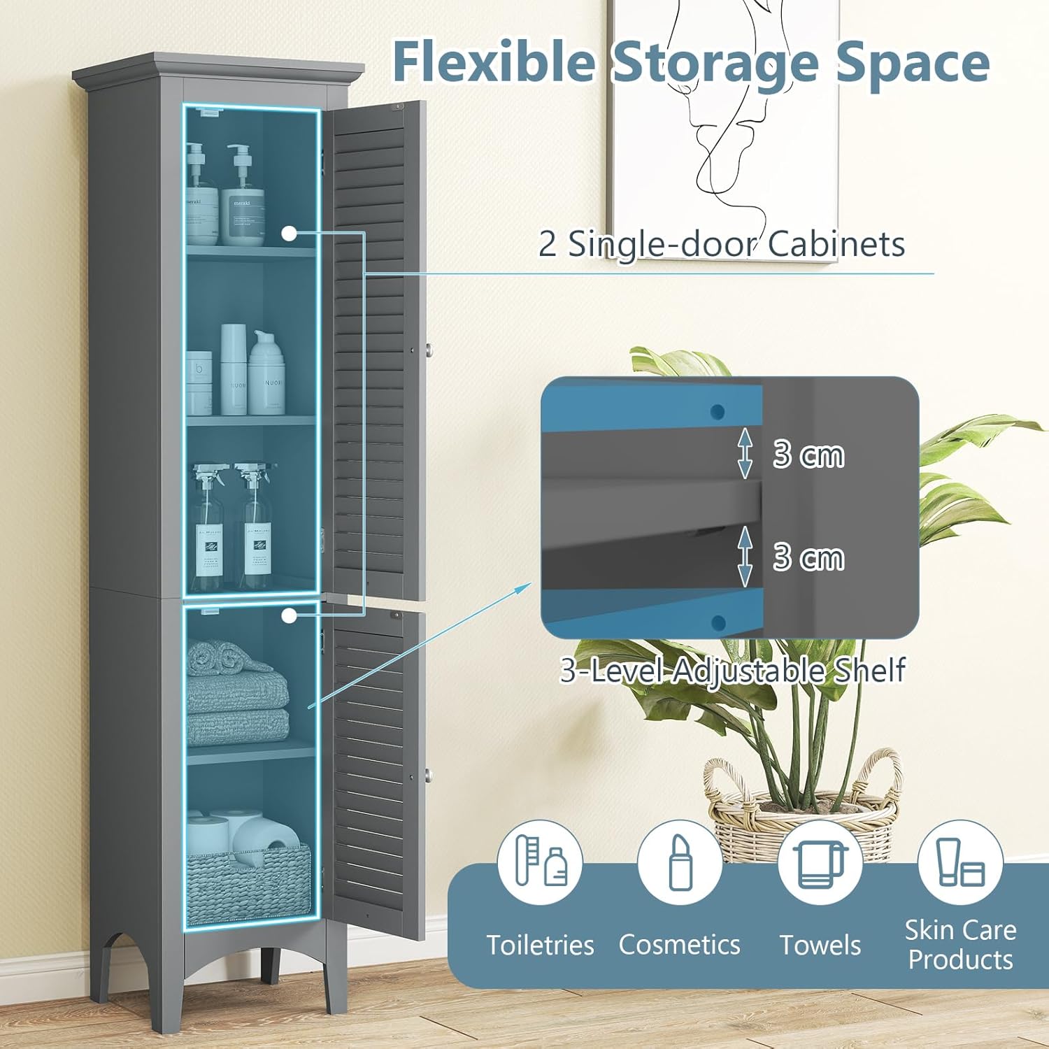 Tall Bathroom Storage Cabinet Grey 2 Door Shelf Unit