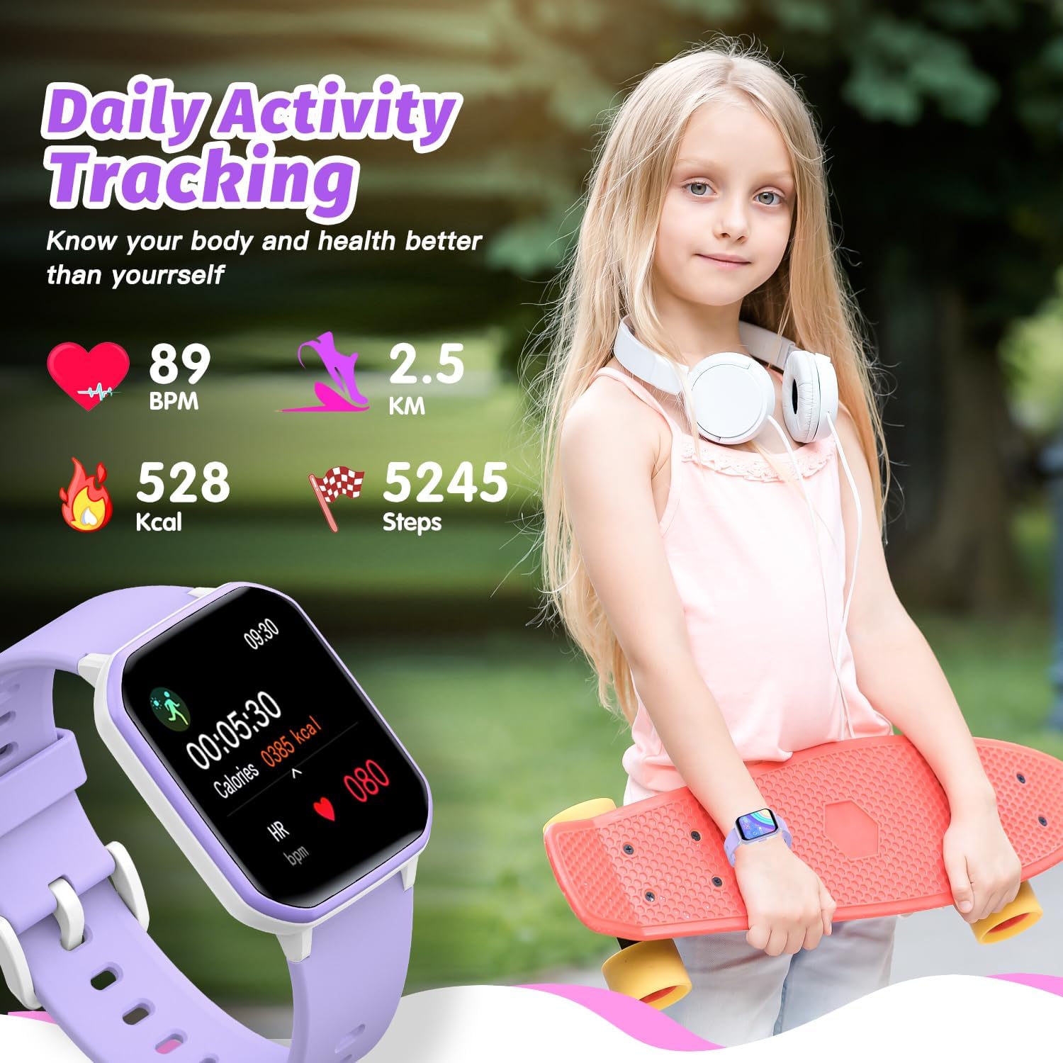 Kids Smart Watch Purple Fitness Tracker 19 Sport Modes