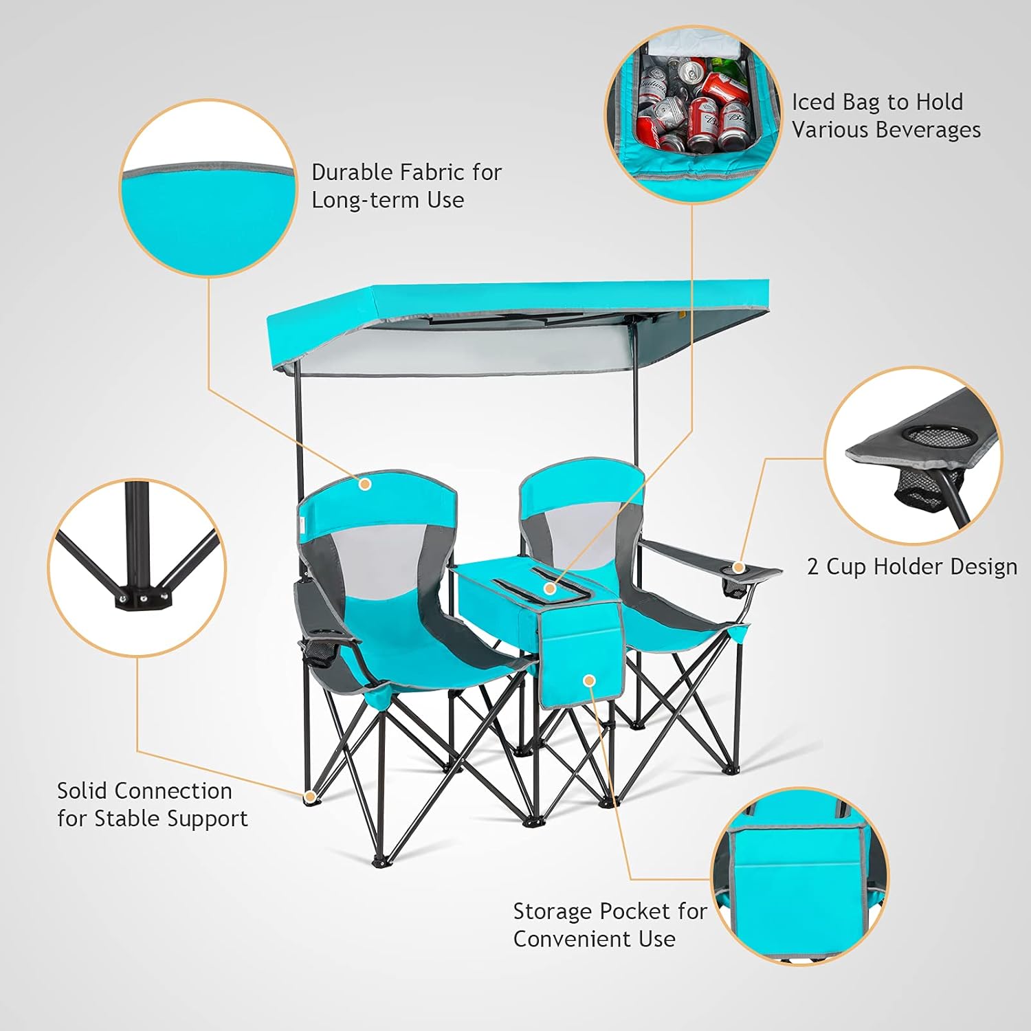 Turquoise Double Camping Chair with Canopy 2 Seater