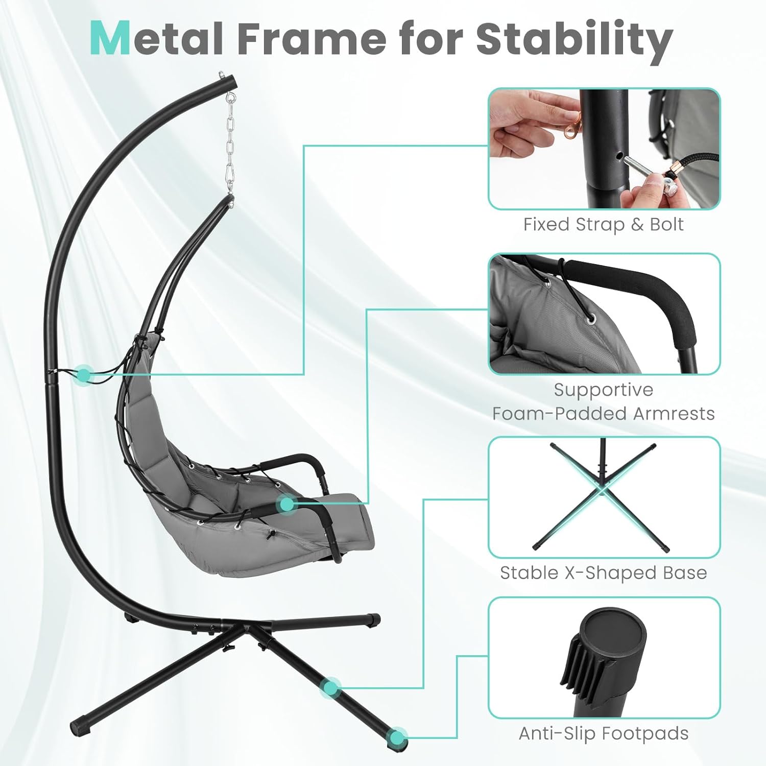 Hammock Swing Chair with Stand Grey Padded Seat Metal