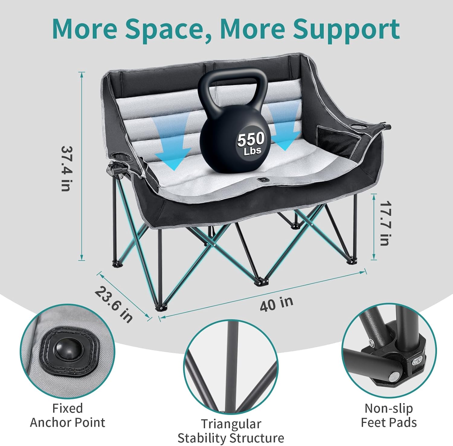 Double Camping Chair for 2 Adults Heavy Duty Folding Seat