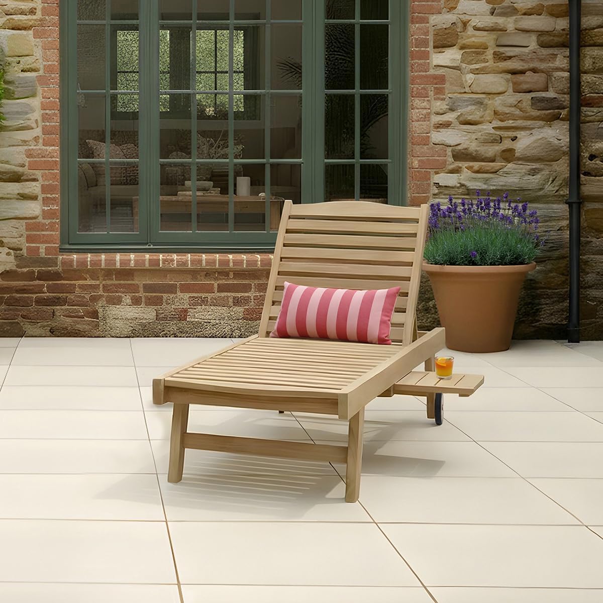 Teak Sun Lounger Wooden Recliner with Wheels Table
