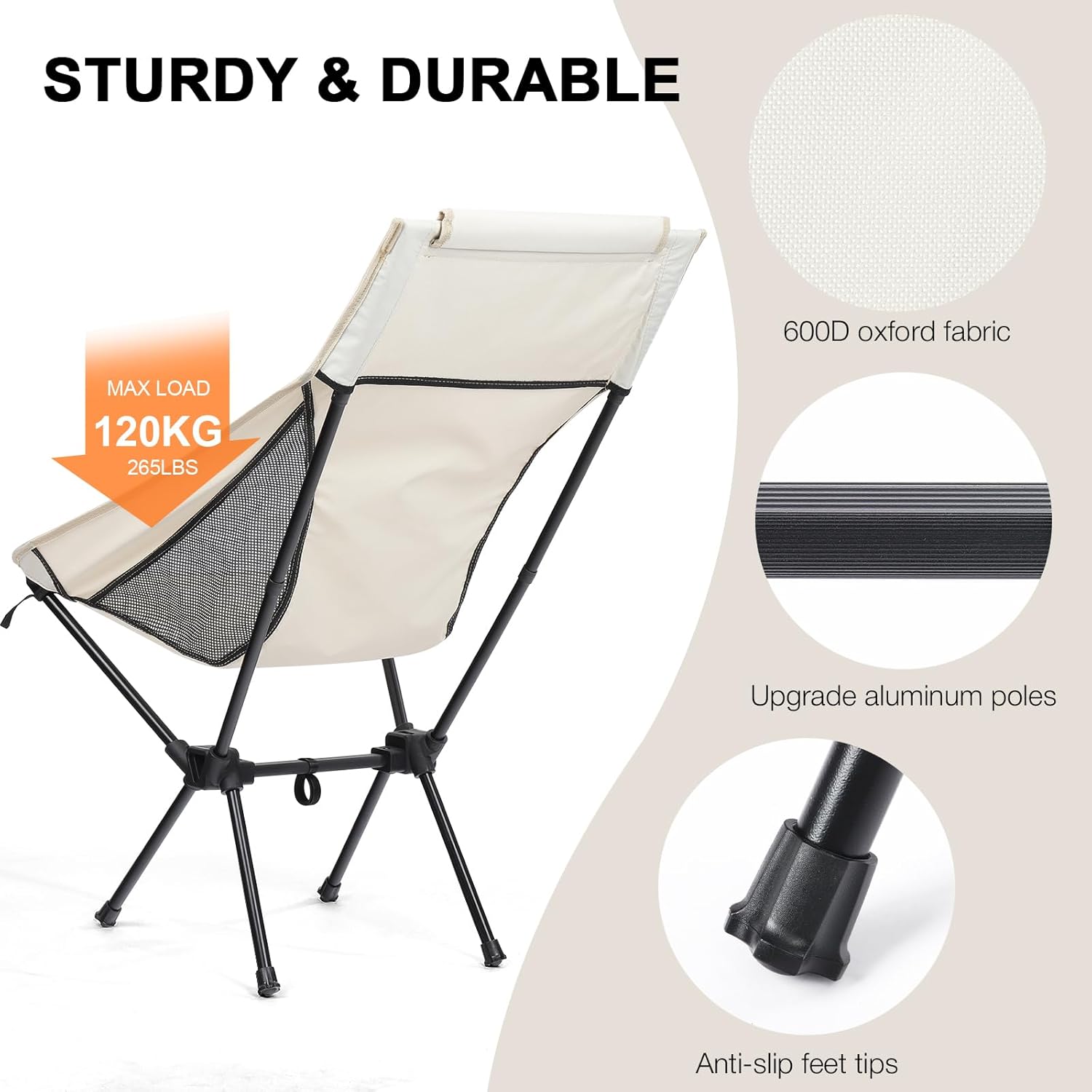 White High Back Lightweight Camping Chair Portable Folding Outdoor Seat
