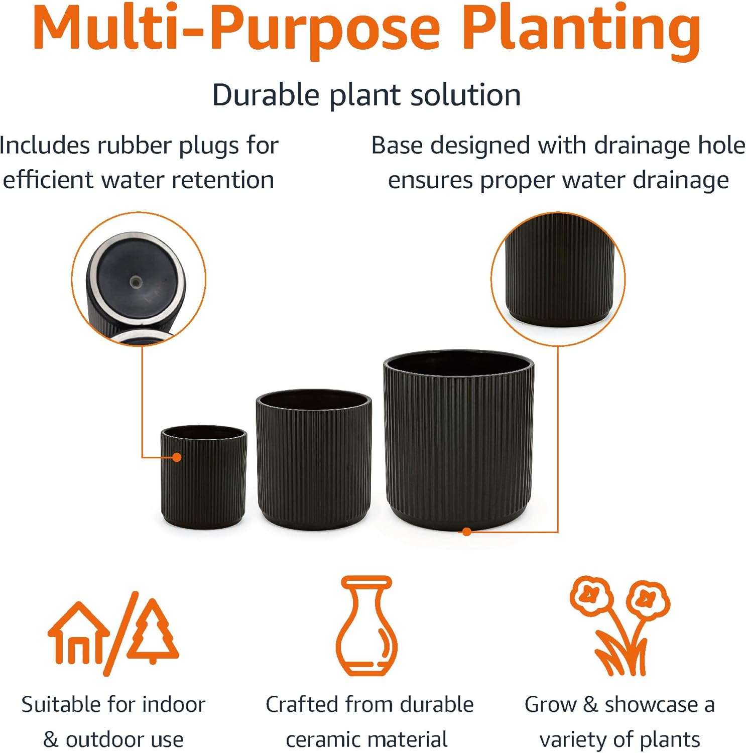 Ceramic Plant Pots Set of 3 Black Fluted Planters 15 20 25cm