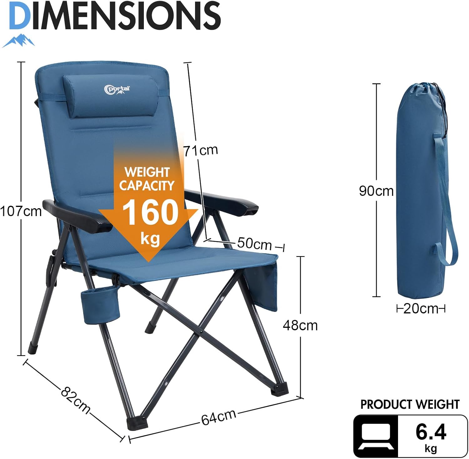 Reclining Camping Chair High Back 160KG Blue