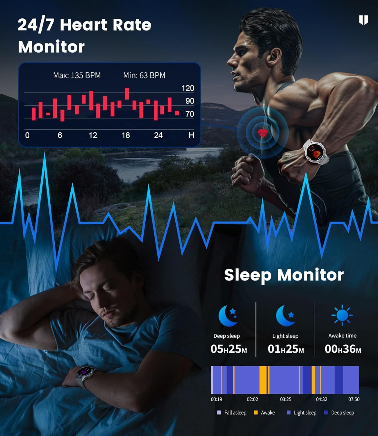 Military AMOLED Smart Watch Bluetooth Call LED Light