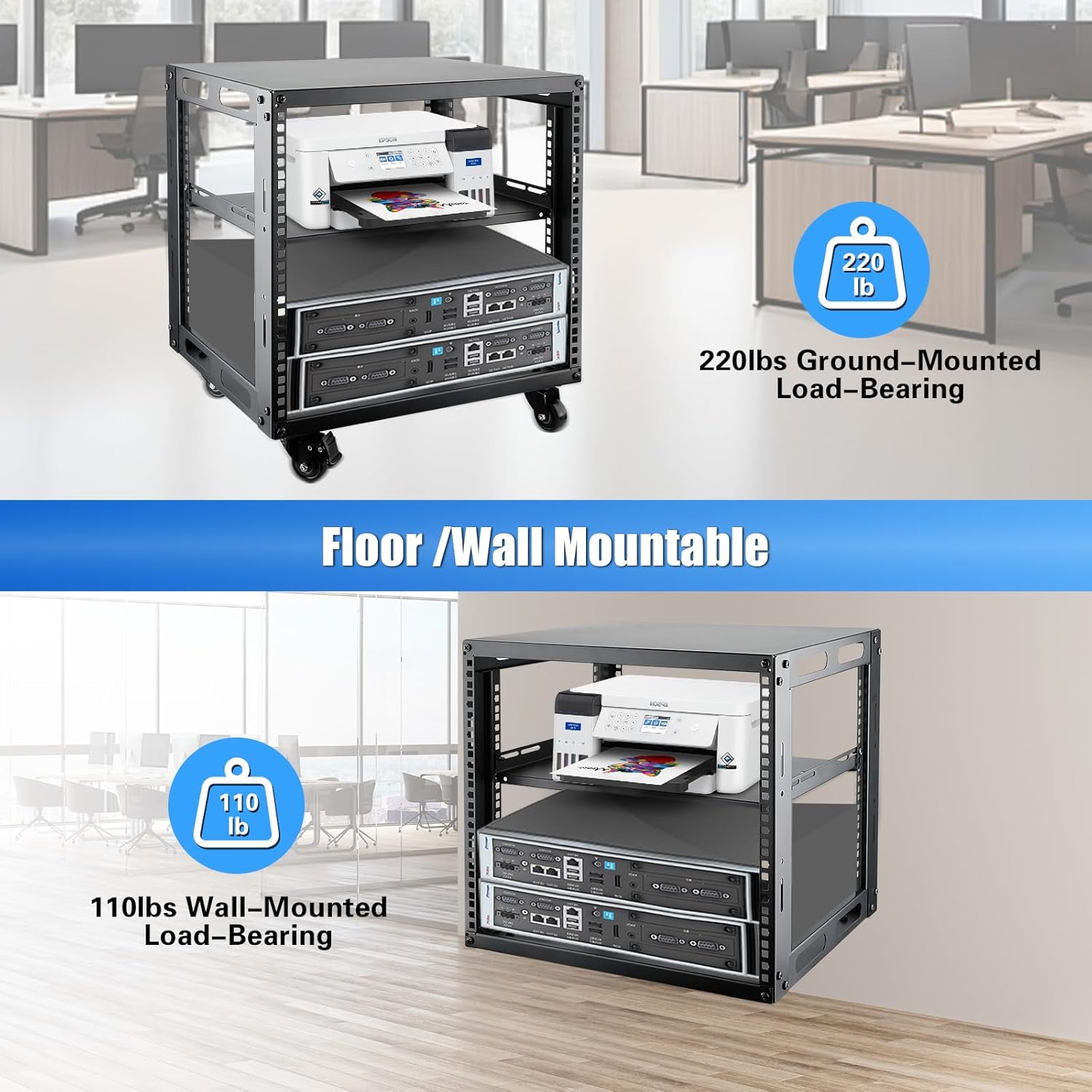 9U Open Frame Server Rack with Wheels 4 Post Mobile Stand