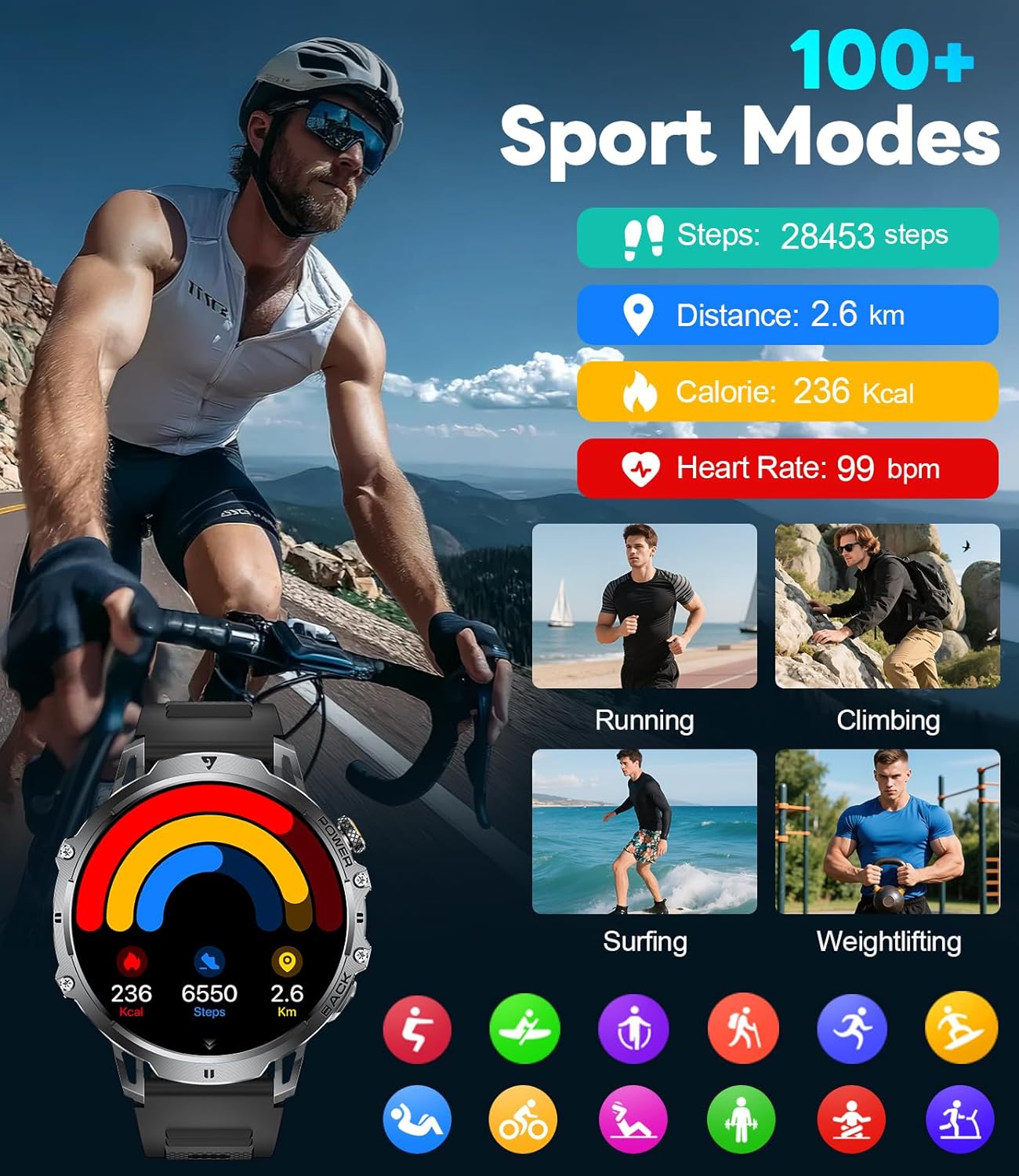 Mens Smart Watch Bluetooth Call 1.85 HD Fitness Tracker